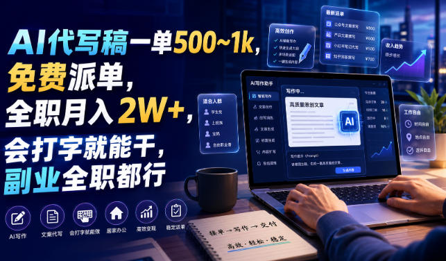 AI代写稿一单500~1k，免费派单，全职月入2W+，会打字就能干，副业全职都行【揭秘】-啥好玩