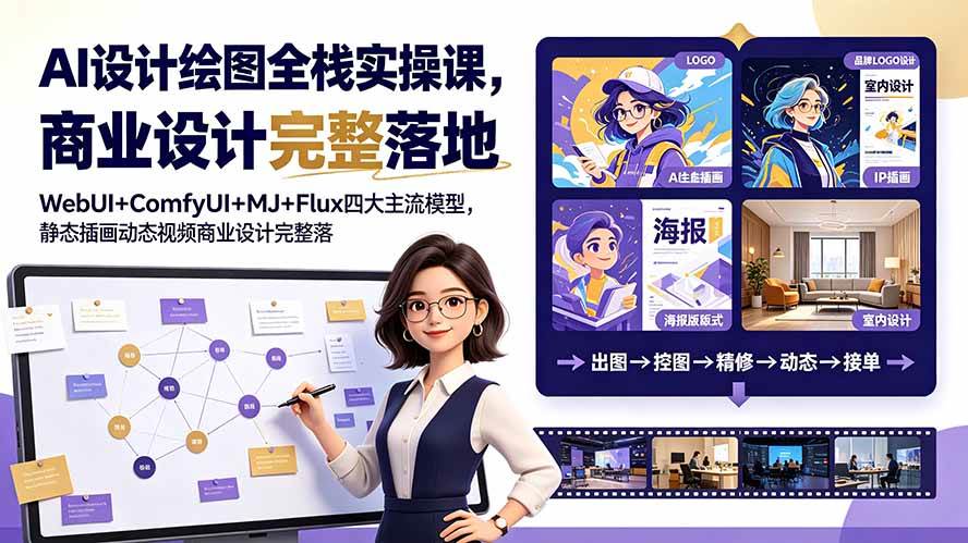 （19244期）AI设计绘图全栈实操课，WebUI+ComfyUI+MJ+Flux四大主流模型，静态插画动态视频商业设计完整落地教程 - 啥好玩-啥好玩