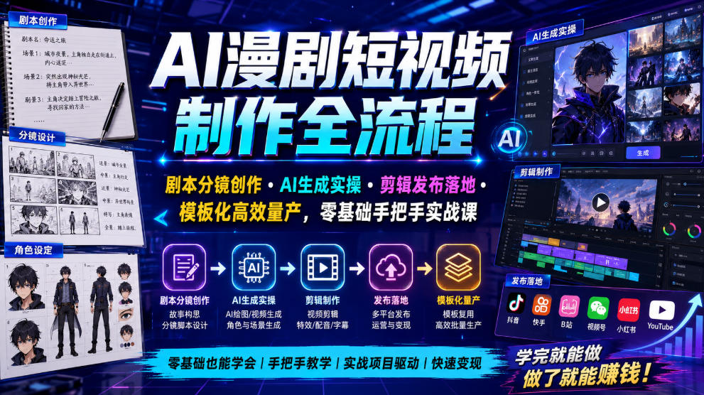 AI漫剧短视频制作全流程｜剧本分镜创作・AI生成实操・剪辑发布落地・模板化高效量产，零基础手把手实战课 - 啥好玩-啥好玩