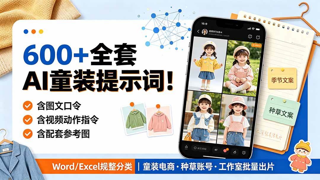 （19302期）600+全套AI童装提示词！含图文口令+视频动作指令+配套参考图，Word/Excel规整分类，童装电商、种草无脑量产内容-啥好玩