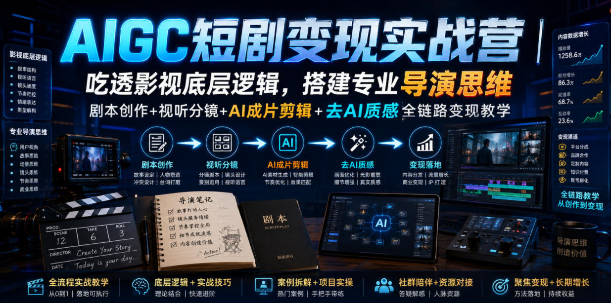 AIGC短剧变现实战营｜吃透影视底层逻辑，搭建专业导演思维，剧本创作+视听分镜+AI成片剪辑+去AI质感全链路变现教学 - 啥好玩-啥好玩