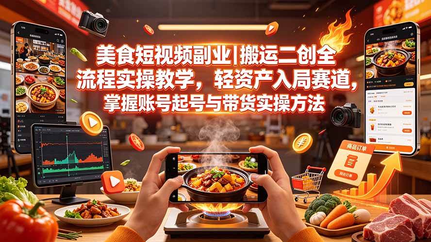 （19535期）美食短视频副业｜搬运二创全流程实操教学，轻资产入局赛道，掌握账号起号与带货实操方法-啥好玩