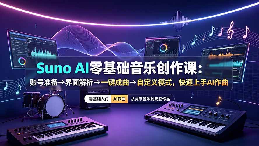 （19264期）Suno AI零基础音乐创作课：账号准备→界面解析→一键成曲→自定义模式，快速上手AI作曲-啥好玩
