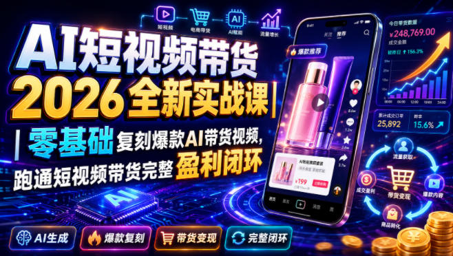 AI短视频带货2026全新实战课｜零基础复刻爆款AI带货视频，跑通短视频带货完整盈利闭环 - 啥好玩-啥好玩