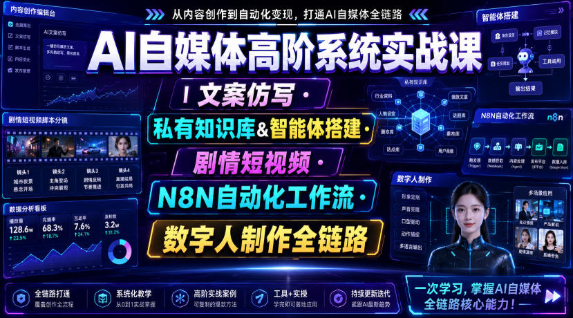 AI自媒体高阶系统实战课｜文案仿写・私有知识库&智能体搭建・剧情短视频・N8N自动化工作流・数字人制作全链路-啥好玩