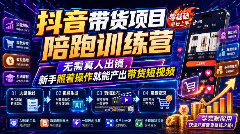 抖音带货项目陪跑训练营，无需真人出镜，新手照着操作就能产出带货短视频（更新0811） - 啥好玩副业网-啥好玩副业网