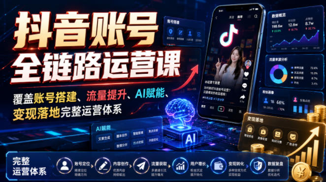 抖音账号全链路运营课，覆盖账号搭建、流量提升、AI赋能、变现落地完整运营体系-啥好玩
