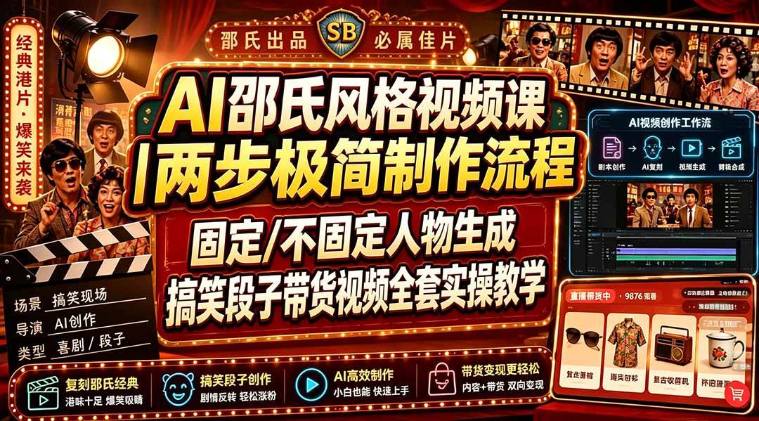 （19602期）AI邵氏风格视频课｜两步极简制作流程，固定/不固定人物生成，搞笑段子带货视频全套实操教学-啥好玩