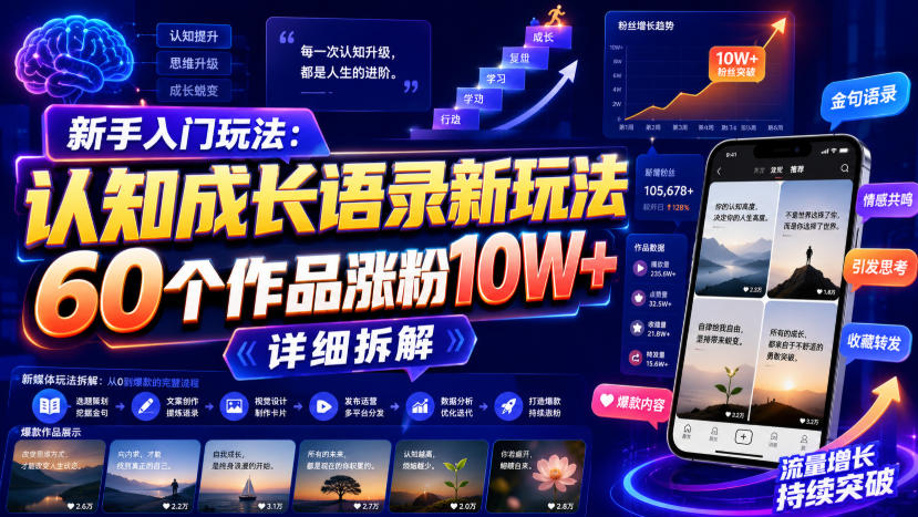 新手入门玩法:认知成长语录新玩法,60个作品涨粉10W+,详细拆解-啥好玩副业网