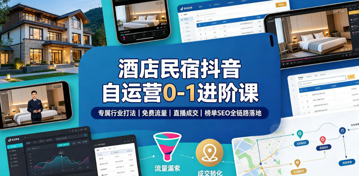 酒店民宿抖音自运营0-1进阶课｜专属行业打法、免费流量+直播成交+榜单SEO全链路落地 - 啥好玩-啥好玩