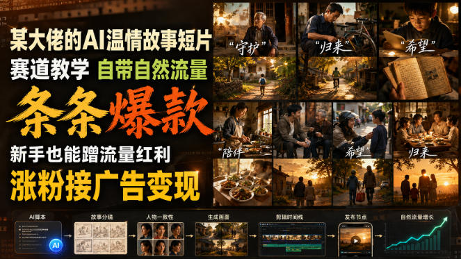 某大佬的AI温情故事短片赛道教学，自带自然流量，条条爆款，新手也能蹭流量红利，涨粉接广告变现-啥好玩副业网