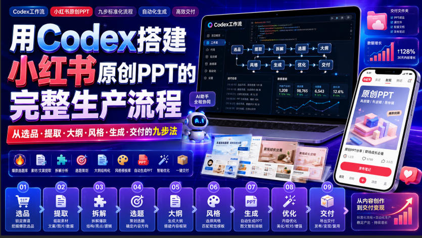 用Codex搭建小红书原创PPT的完整生产流程，从选品·提取·大纲·风格·生成·交付的九步法-啥好玩副业网
