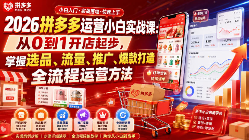 2026拼多多运营小白实战课：从0到1开店起步，掌握选品、流量、推广、爆款打造全流程运营方法-啥好玩