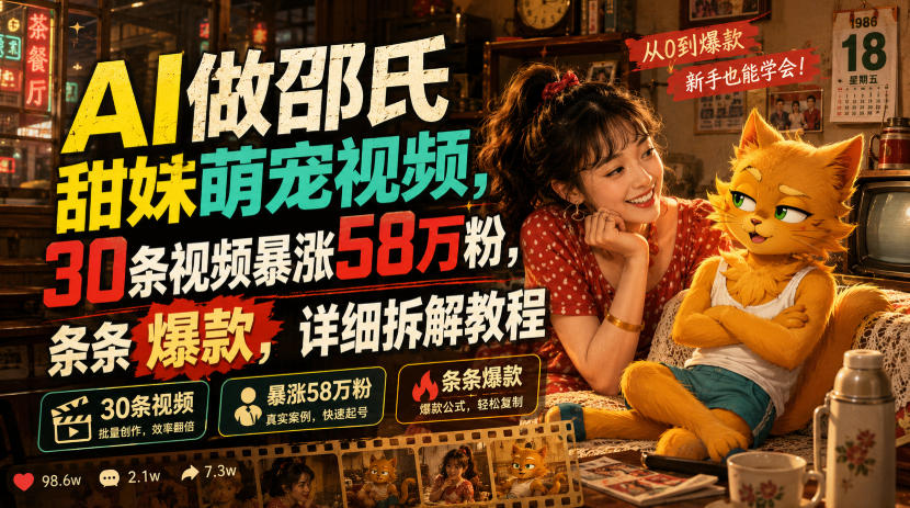 AI做邵氏甜妹萌宠视频，30条视频暴涨58万粉，条条爆款，详细拆解教程 - 啥好玩-啥好玩