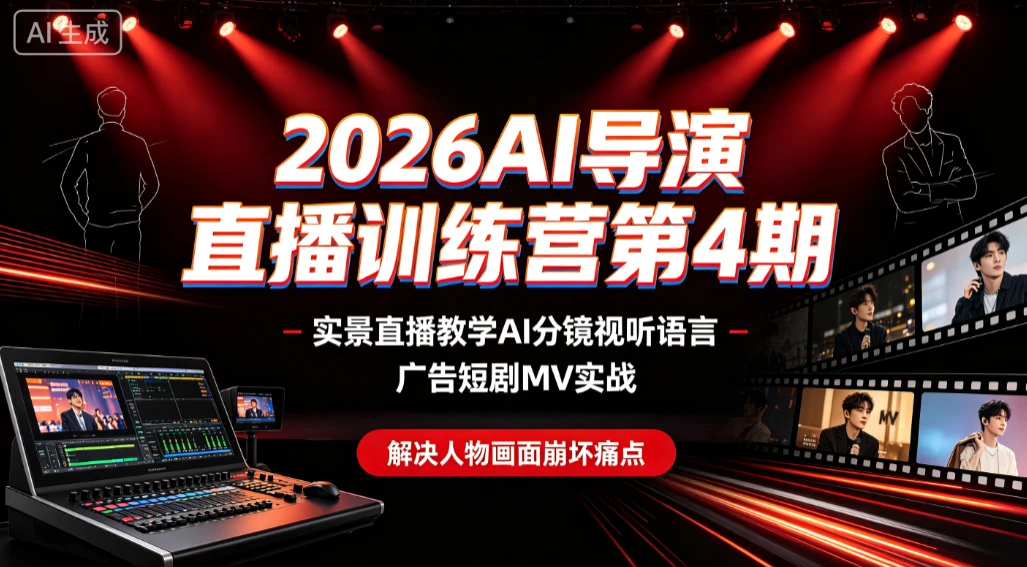 【精】2026AI导演直播训练营第4期，实景直播教学AI分镜视听语言，广告短剧MV实战，解决人物画面崩坏痛点 - 啥好玩-啥好玩