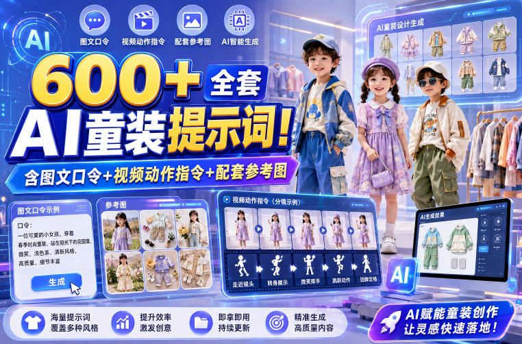 600+全套AI童装提示词！含图文口令+视频动作指令+配套参考图，Word-Excel规整分类，童装电商、种草无脑量产内容！-啥好玩