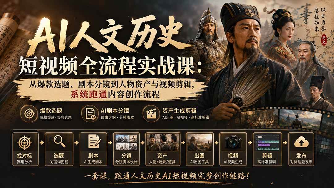 【精】AI人文历史短视频全流程实战课：从爆款选题、剧本分镜到人物资产与视频剪辑，系统跑通内容创作流程-啥好玩副业网