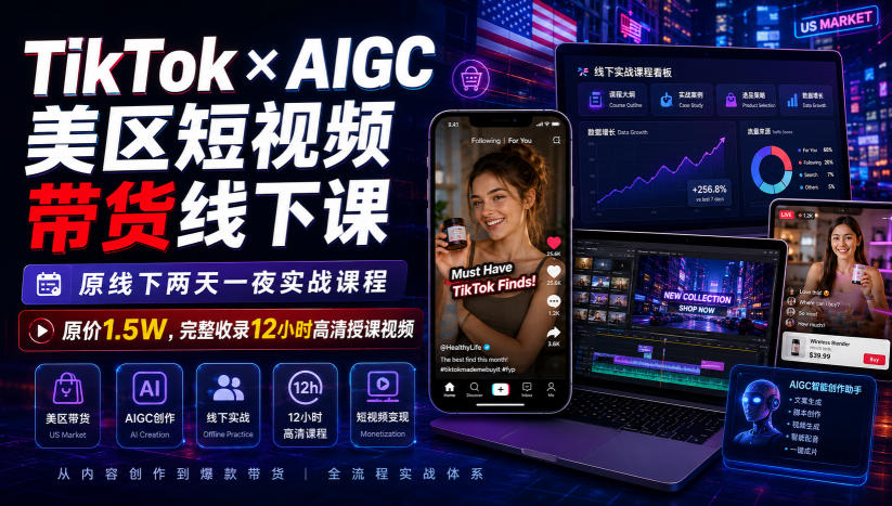 TikTok×AIGC美区短视频带货线下课，原线下两天一夜实战课程，原价1.5W，完整收录12小时高清授课视频 - 啥好玩副业网-啥好玩副业网