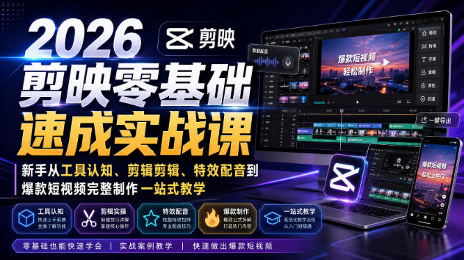 2026剪映零基础速成实战课｜新手从工具认知、剪辑剪辑、特效配音到爆款短视频完整制作一站式教学-啥好玩副业网