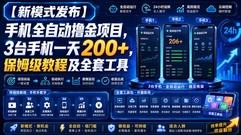 【新模式发布】手机全自动撸金项目，3台手机一天200+，保姆级教程及全套工具【揭秘】 - 啥好玩副业网-啥好玩副业网