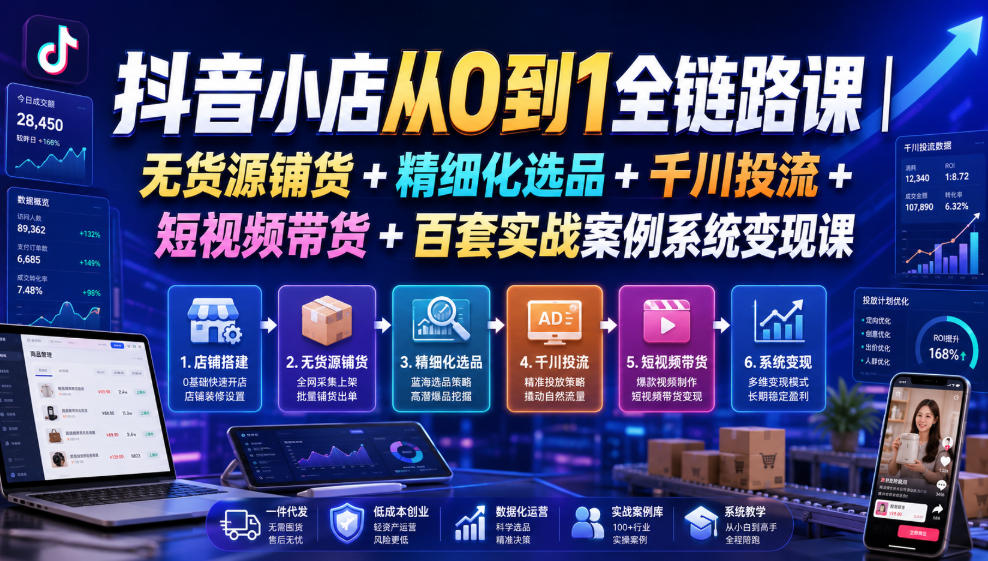 抖音小店从0到1全链路课｜无货源铺货+精细化选品+千川投流+短视频带货+百套实战案例系统变现课（2026年7月更新）-啥好玩