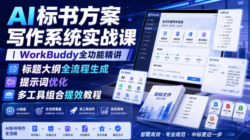 【精】AI标书方案写作系统实战课｜WorkBuddy全功能精讲・标题大纲全流程生成・提示词优化・多工具组合提效教程-啥好玩副业网