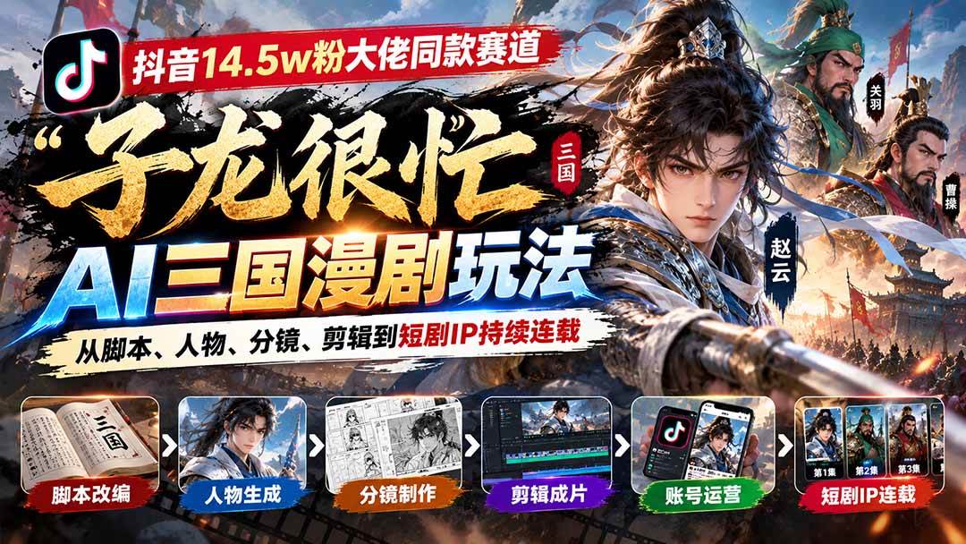 （20818期）抖音14.5w粉大佬同款赛道「子龙很忙」AI三国漫剧玩法：从脚本、人物、分镜、剪辑到短剧IP持续连载 - 啥好玩副业网-啥好玩副业网