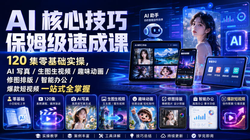 AI核心技巧保姆级速成课｜120集零基础实操，AI写真/生图生视频/趣味动画/修图排版/智能办公/爆款短视频一站式全掌握 - 啥好玩副业网-啥好玩副业网