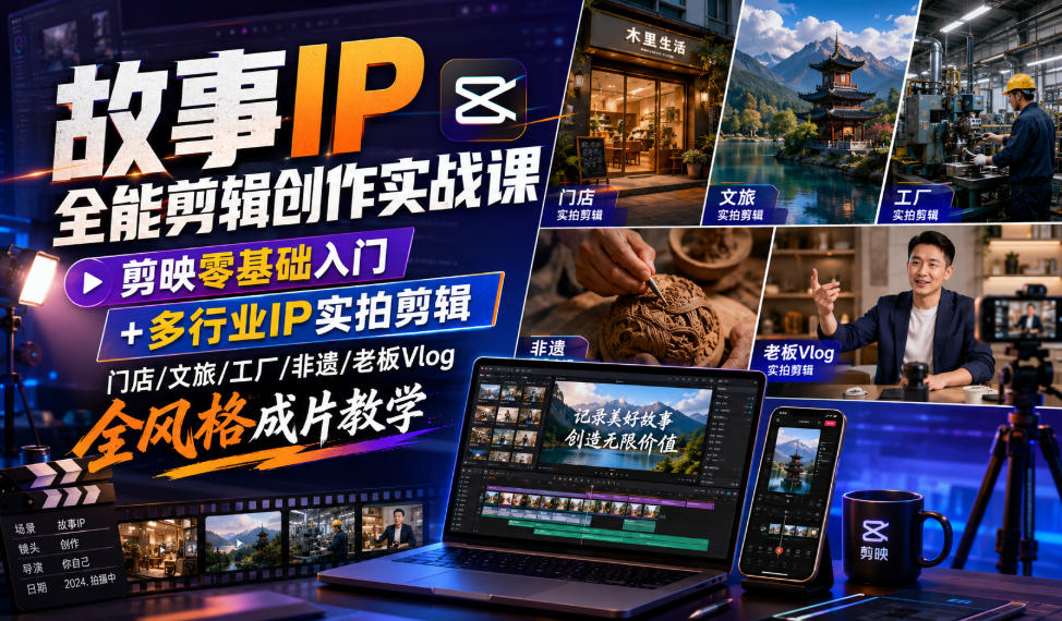 故事IP全能剪辑创作实战课｜剪映零基础入门+多行业IP实拍剪辑，门店/文旅/工厂/非遗/老板Vlog全风格成片教学-啥好玩