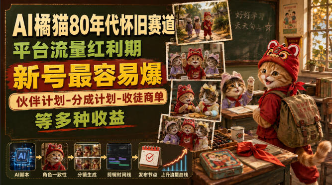 AI橘猫80年代怀旧赛道，平台流量红利期，新号最容易爆，伙伴计划-分成计划-收徒商单等多种收益-啥好玩副业网
