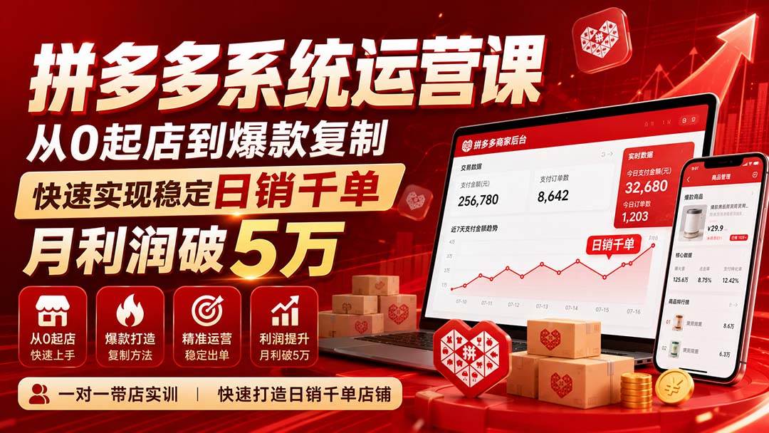 （20124期）拼多多系统运营课(更新8月)，从0起店到爆款复制，快速实现稳定日销千单，月利润破5万-啥好玩副业网