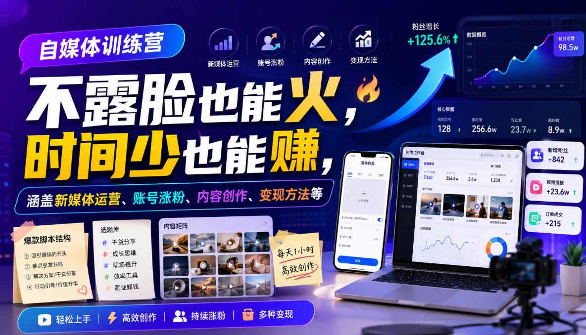 自媒体训练营，不露脸也能火，时间少也能賺，涵盖新媒体运营、账号涨粉、内容创作、变现方法等-啥好玩