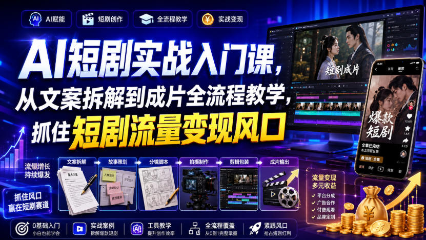 AI短剧实战入门课，从文案拆解到成片全流程教学，抓住短剧流量变现风口 - 啥好玩副业网-啥好玩副业网