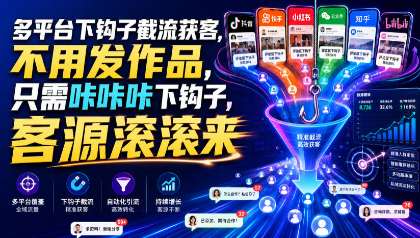 多平台下钩子截流获客，不用发作品，只需咔咔咔下钩子，客源滚滚来-啥好玩