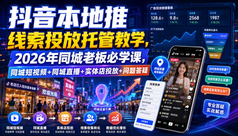 抖音本地推线索投放托管教学，2026年同城老板必学课，同城短视频+同城直播+实体店投放+问题答疑-啥好玩