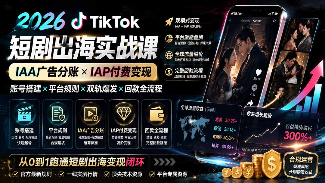 2026TikTok短剧出海实战课：IAA广告分账×IAP付费变现×账号搭建×平台规则×双轨爆发×回款全流程 - 啥好玩副业网-啥好玩副业网