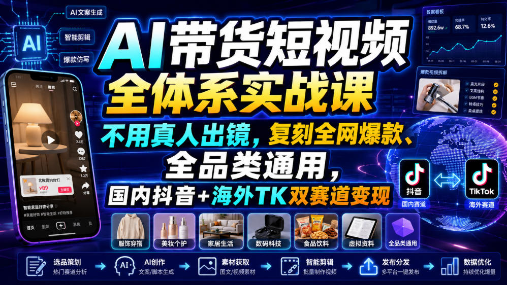 AI带货短视频全体系实战课，不用真人出镜，复刻全网爆款、全品类通用，国内抖音+海外TK双赛道变现-啥好玩