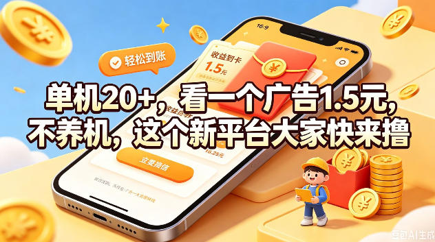 单机20+，看一个广告1.5米，不养机，这个新平台大家快来撸【揭秘】-啥好玩