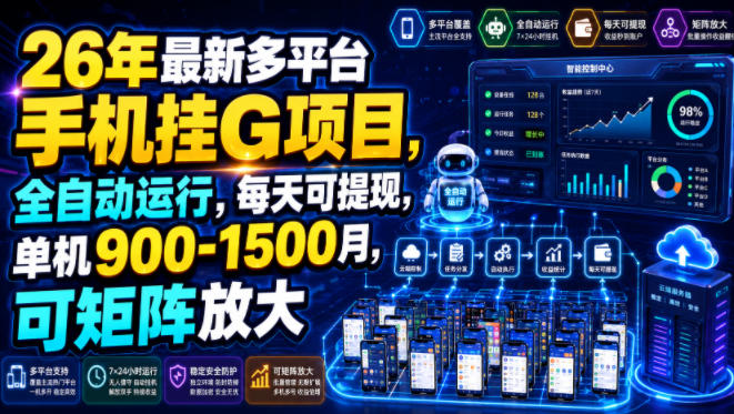26年最新多平台手机挂G项目，全自动运行，每天可提现，单机900-1500月，可矩阵放大【揭秘】-啥好玩