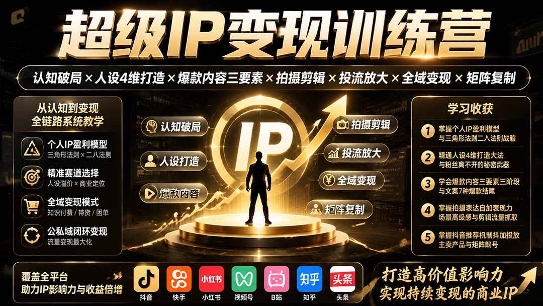 （19692期）超级IP变现训练营：认知破局×人设4维打造×爆款内容三要素×拍摄剪辑×投流放大×全域变现×矩阵复制 - 啥好玩副业网-啥好玩副业网