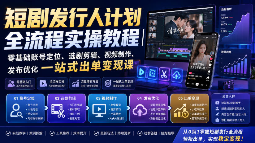 短剧发行人计划全流程实操教程｜零基础账号定位、选剧剪辑、视频制作、发布优化一站式出单变现课 - 啥好玩副业网-啥好玩副业网