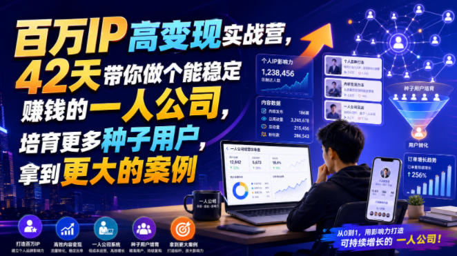 百万IP高变现实战营，42天带你做个能稳定賺钱的一人公司，培育更多种子用户，拿到更大的案例-啥好玩