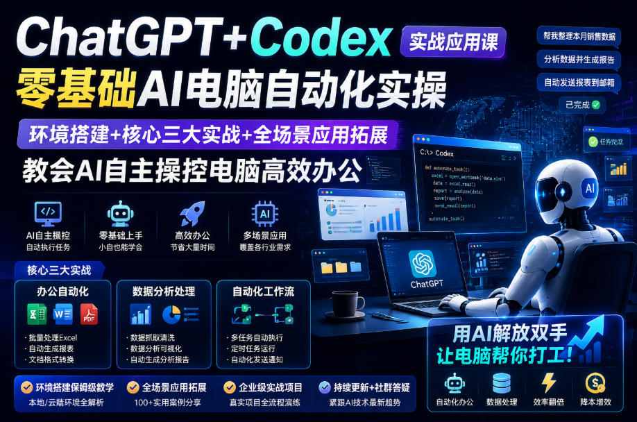 ChatGPT+Codex实战应用课｜零基础AI电脑自动化实操，环境搭建+核心三大实战+全场景应用拓展，教会AI自主操控电脑高效办公-啥好玩