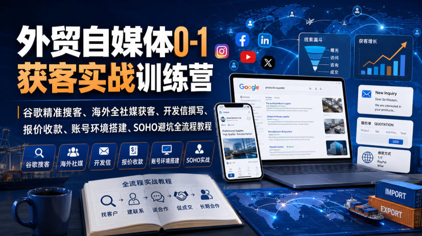外贸自媒体0-1获客实战训练营｜谷歌精准搜客、海外全社媒获客、开发信撰写、报价收款、账号环境搭建、SOHO避坑全流程教程-啥好玩副业网