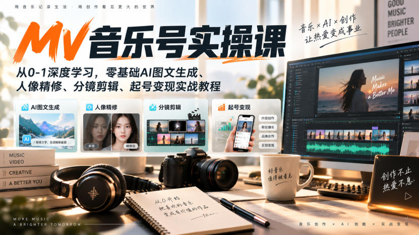 【精】AI MV音乐号实操课，从0-1深度学习，零基础AI图文生成、人像精修、分镜剪辑、起号变现实战教程-啥好玩副业网