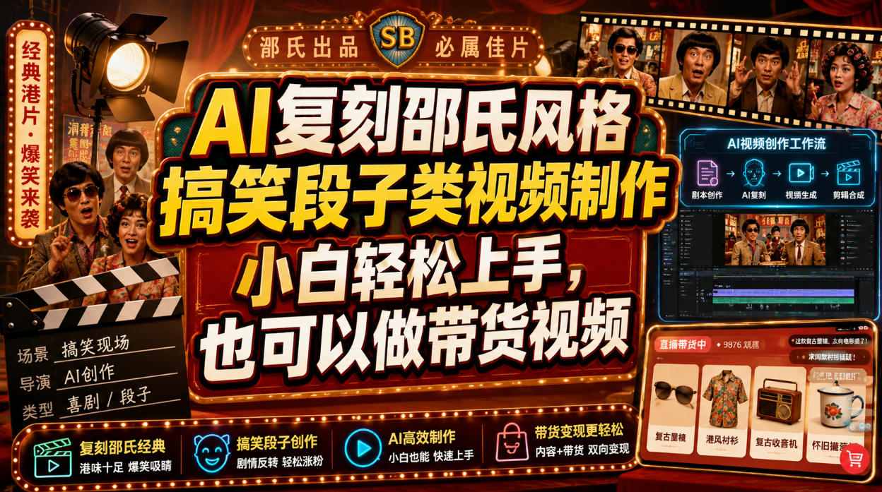 AI复刻邵氏风格搞笑段子类视频制作，小白轻松上手，也可以做带货视频-啥好玩