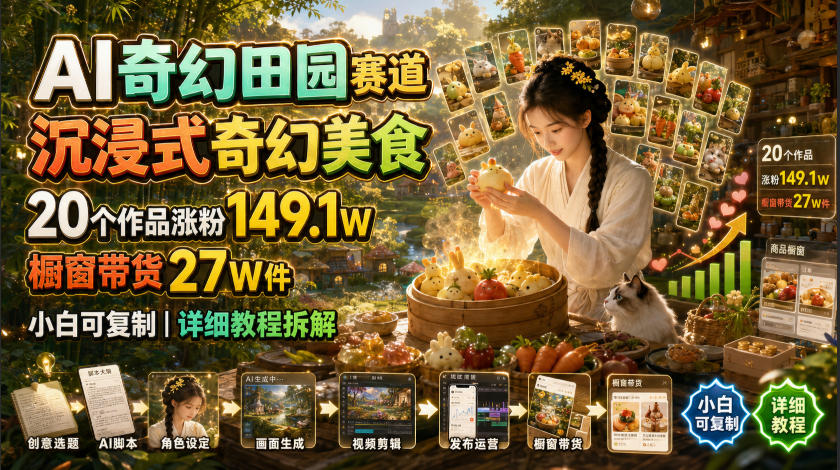AI奇幻田园赛道，沉浸式奇幻美食，20个作品涨粉149.1W，橱窗带货27W件，小白可复制，详细教程拆解 - 啥好玩-啥好玩