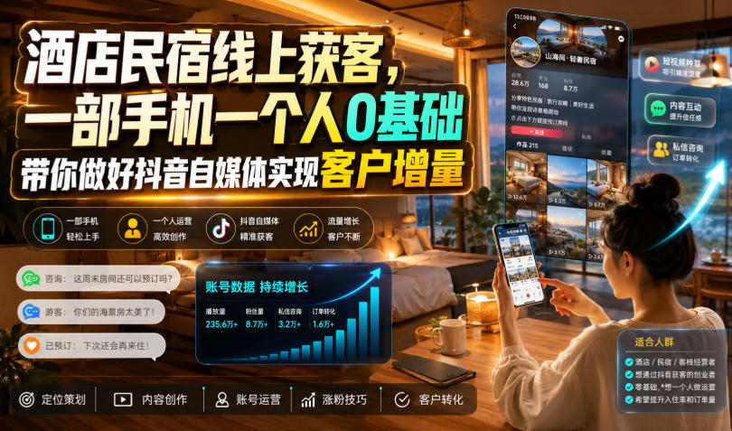 酒店民宿线上获客，一部手机一个人0基础带你做好抖音自媒体实现客户增量-啥好玩