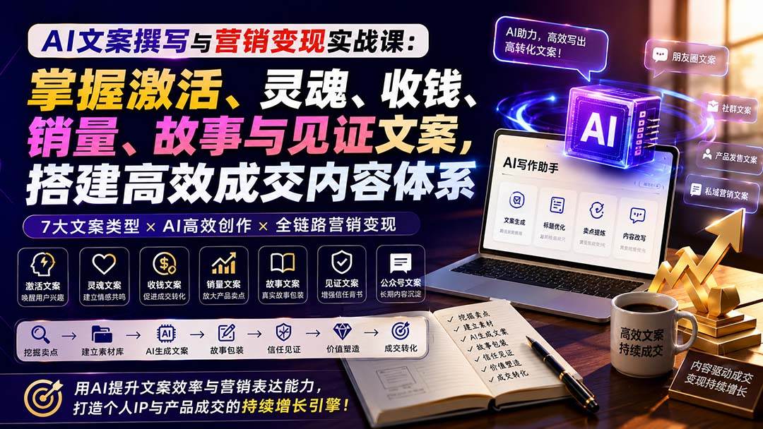（20126期）AI文案撰写与营销变现实战课：掌握激活、灵魂、收钱、销量、故事与见证文案，搭建高效成交内容体系-啥好玩副业网