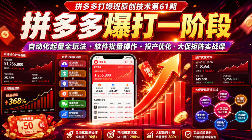 拼多多打爆班原创技术第61期，拼多多爆打一阶段，自动化起量全玩法・软件批量操作・投产优化・大促矩阵实战课 - 啥好玩-啥好玩